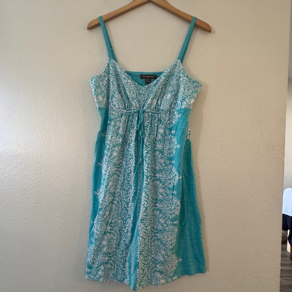 Tommy Bahama Floral Damask Empire Waist Sun Dress L Blue White Excellent